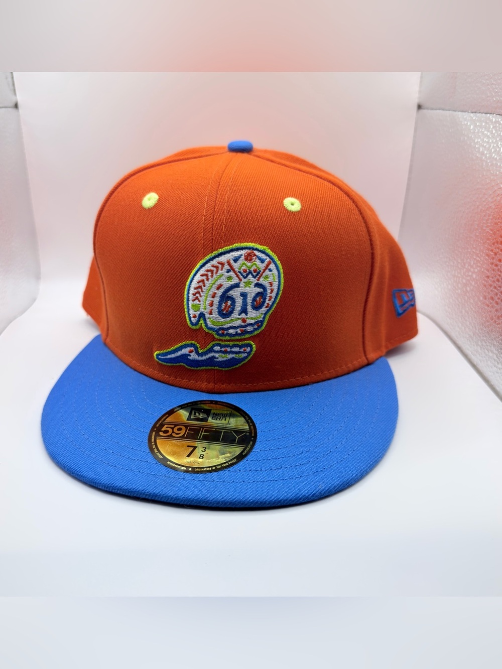 59FIFT 7 3/8 New Era Orange/Blue Calaveras de West Michigan Copa De La Diversion